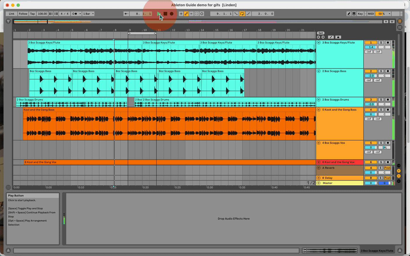 Animated demo of playback and the insert marker in Arrangement View