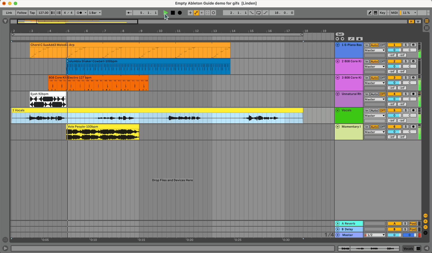 Animated demo of Arrangement View playing with empty Session View