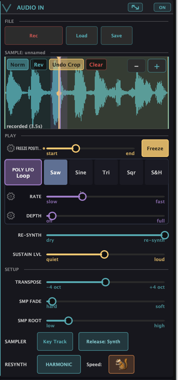 The redesigned Audio In module with a sample loaded: a waveform with Norm / Rev / Crop / Clear buttons overlaid, then the PLAY block — Freeze Position, the Poly LFO with its shape and Off/1-Shot/Loop mode button, Rate and Depth — and below, the SETUP row with Transpose, Fade, Root, Key Track, Release and the RESYNTH toggles.
