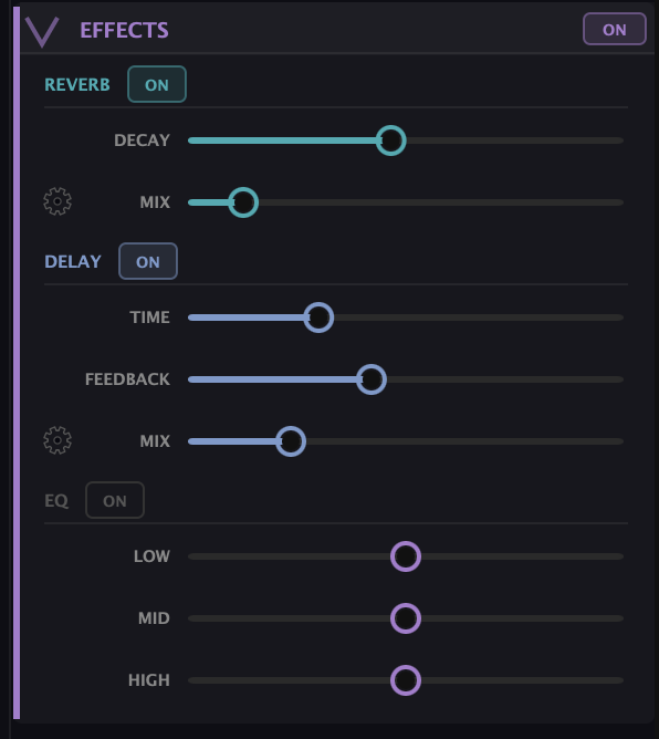 The Effects module — Reverb (Decay, Mix), Delay (Time, Feedback, Mix), and a three-band EQ (Low, Mid, High)