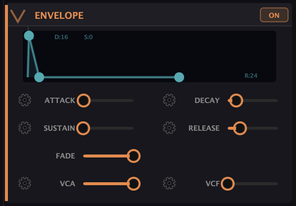 The main Envelope — an envelope display with ADSR controls plus Fade, VCA, and VCF