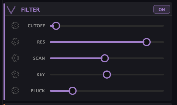The Filter module — Cutoff, Res, Scan, Key, and Pluck sliders