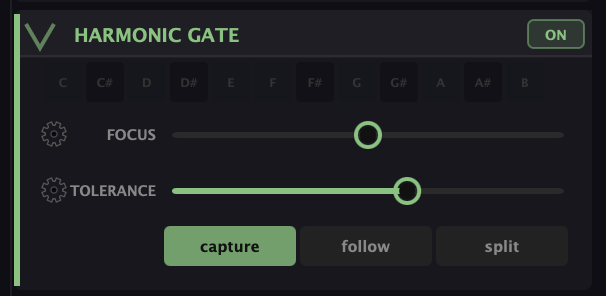 The Harmonic Gate — a pitch-class row (C through B), Focus and Tolerance sliders, and Capture, Follow, and Split mode buttons