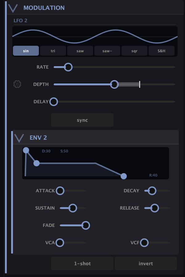 The Modulation section — LFO 2 with shape, Rate, Depth, Delay, and Env 2 with its own ADSR, Fade, VCA, VCF