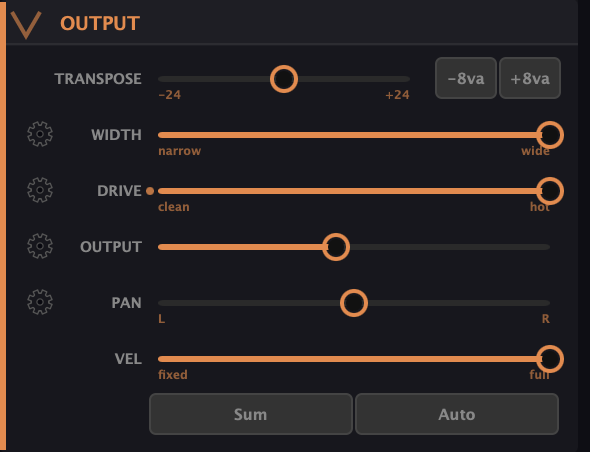 The Output module — Transpose, Width, Drive, Output, Pan, Vel, and Sum / Auto buttons