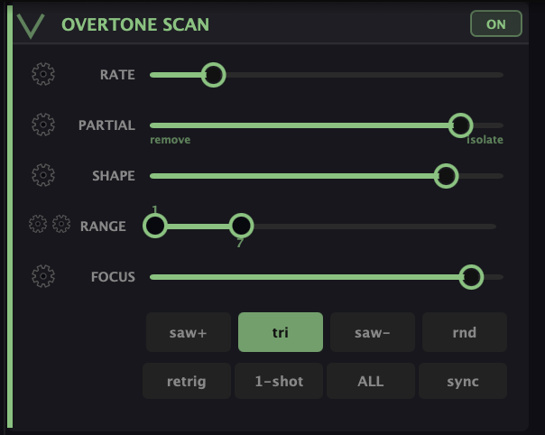 The Overtone Scan module — Rate, Partial (remove to isolate), Shape, Range, and Focus sliders, with saw+/tri/saw-/rnd sweep shapes and retrig/1-shot/ALL/sync trigger modes