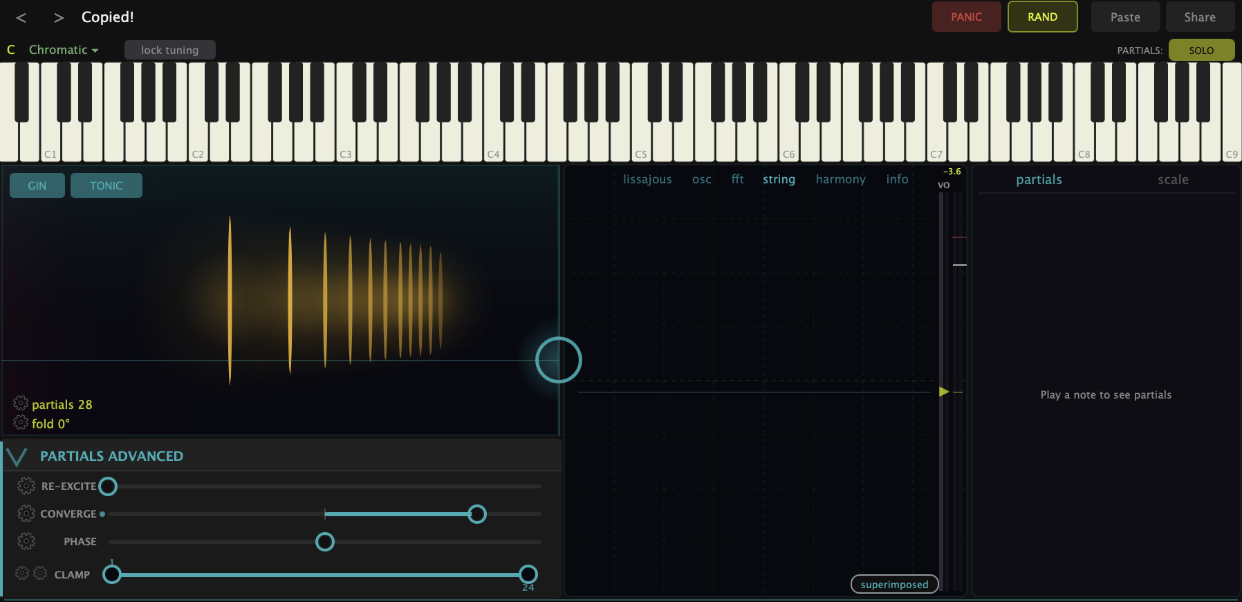 The Partials Advanced strip — Re-excite, Converge, Phase, and Clamp sliders below the partials matrix