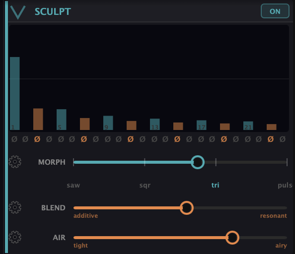 The Sculpt module — 24 per-partial level bars above Morph (saw/sqr/tri/puls), Blend (additive to resonant), and Air sliders