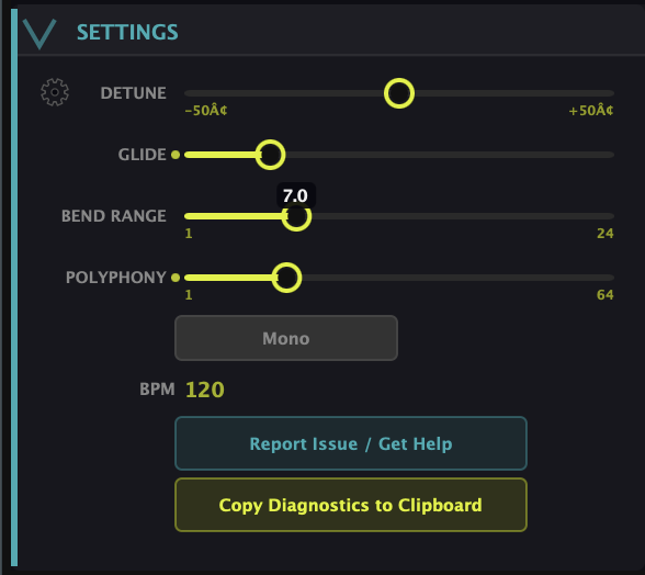 The Settings panel — Detune, Glide, Bend Range, Polyphony, a Mono toggle, BPM, and Report Issue / Copy Diagnostics buttons
