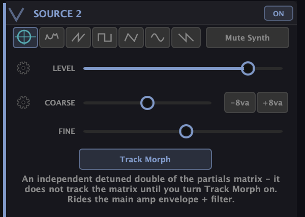 Source 2 — source-type buttons, Level, Coarse and Fine tuning, and a Track Morph button