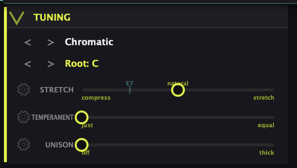 The Tuning module — scale and Root selectors, and Stretch, Temperament, and Unison sliders