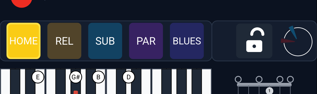 The on-screen keyboard showing a chord's notes with root and chord-tone circles