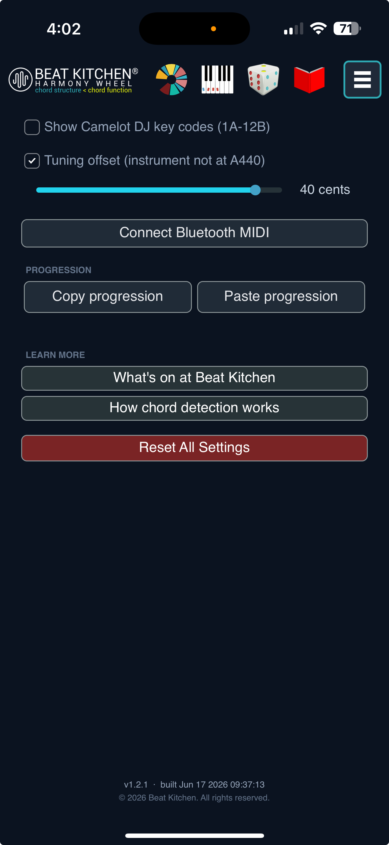 The Harmony Wheel Options page — Camelot toggle, tuning offset with cents slider, Connect Bluetooth MIDI, Copy/Paste progression, Learn More links, and Reset All Settings