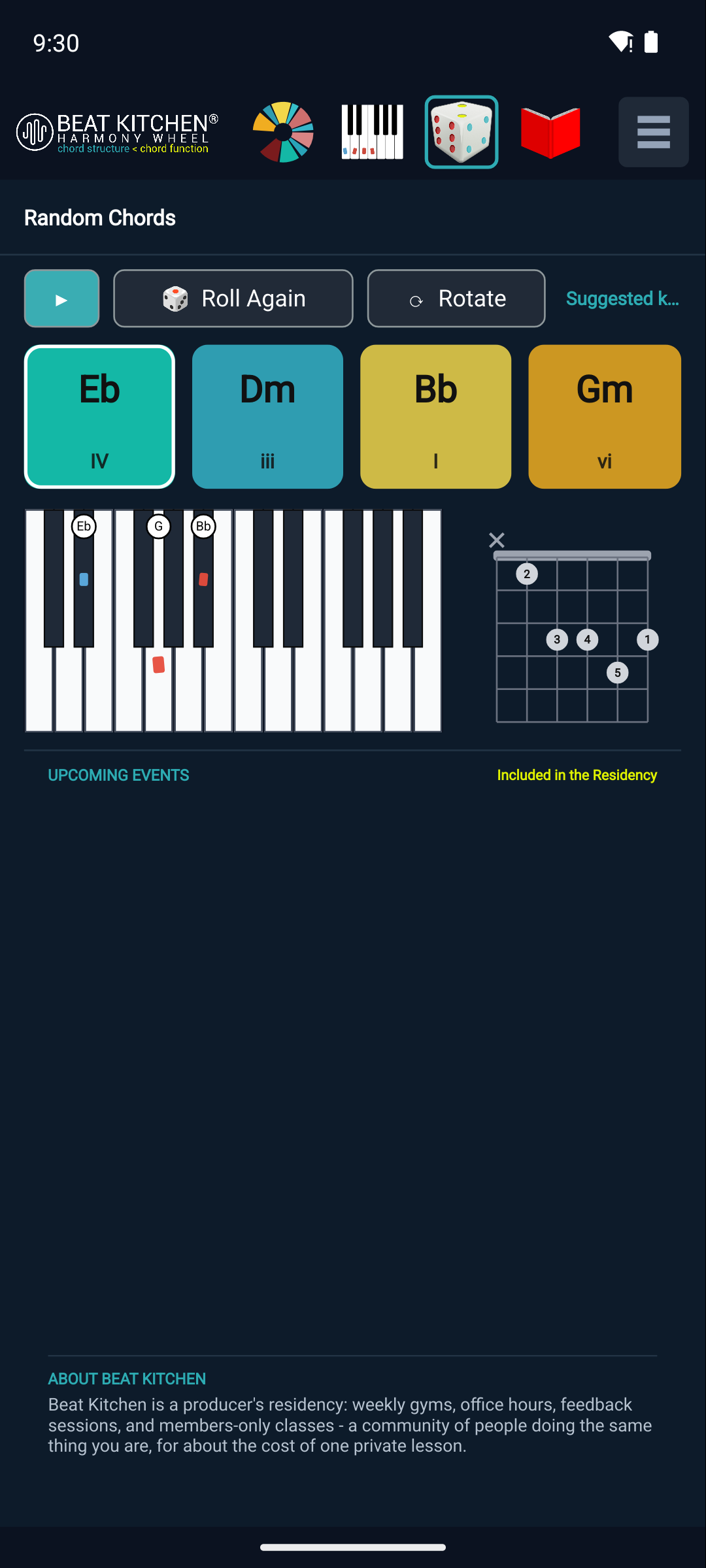 The Random Chord Generator showing function cards and the on-screen keyboard