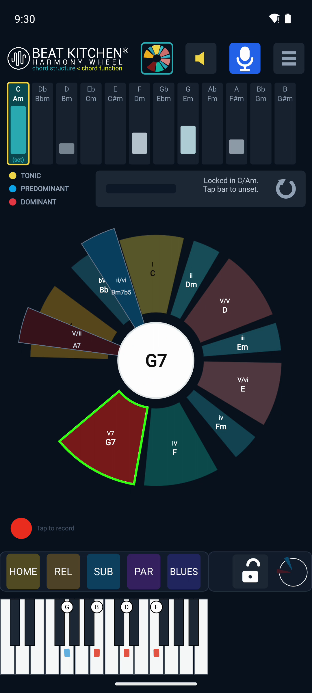 The wheel with a chord detected and its function wedge lit (a G7 lighting the V7 wedge in C)