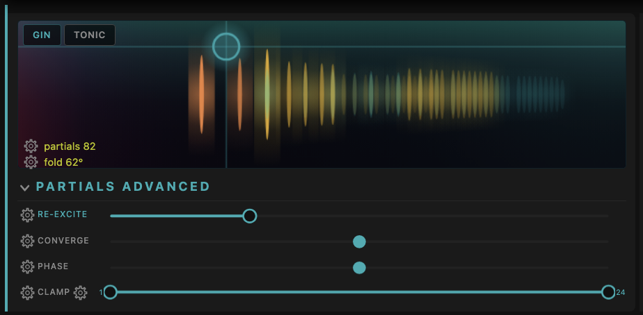 Partials display with fold slider and advanced partial controls showing 82 partials