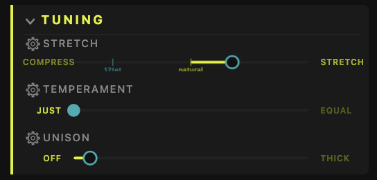 Tuning section — Stretch slider from compress to stretch, Temperament slider from just to equal, Unison slider from off to thick