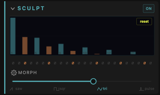 Sculpt section — per-partial amplitude bars with Morph slider sweeping between saw, square, triangle, and pulse