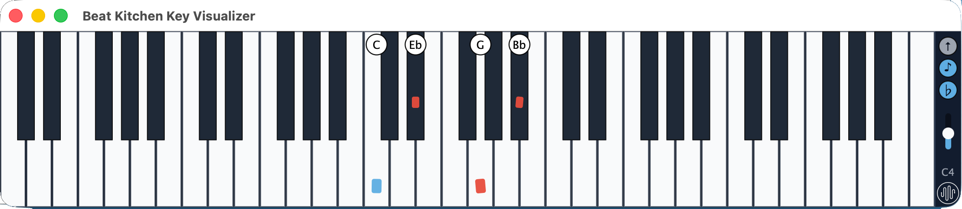 Beat Kitchen Key Visualizer — a piano display lighting up a Cm7 chord with the root in blue