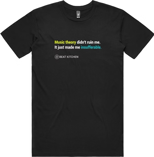 Image of t-shirt with muic theory saying on it